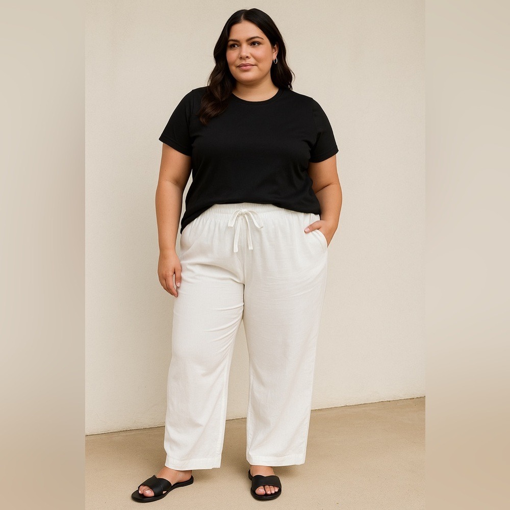 Linen Blend Wide‎ Leg Drawstring Pants Lane Bryant 22 White Coastal